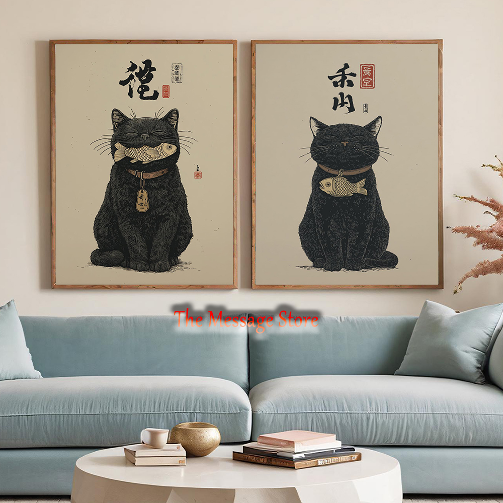 Japanese Lifestyle And Traditions - Zwarte Lucky Cat Ukiyo-e Japanse Vis